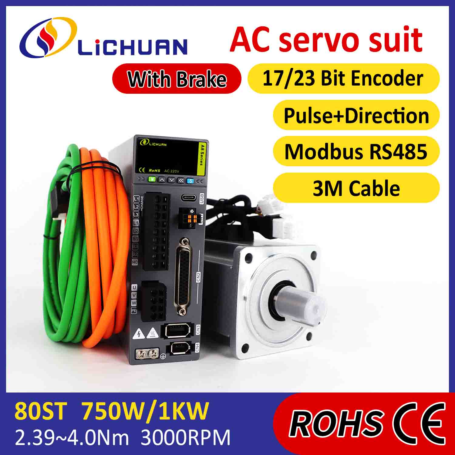 Lichuan AC 서보 모터 드라이버 키트 A8 고정밀 STO ABZ 1000W 1KW 3.2N.m 220V 5.8A 2500/3000RPM IP65