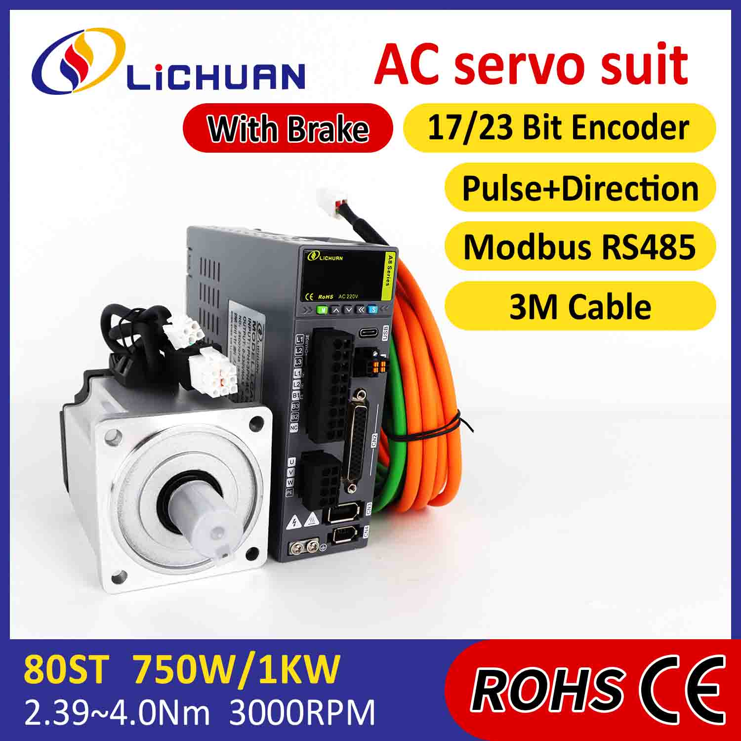 Lichuan AC 서보 모터 드라이버 키트 A8 고정밀 STO ABZ 1001W 1KW 4.0N.m 220V 4.6A 2500/3000RPM IP65