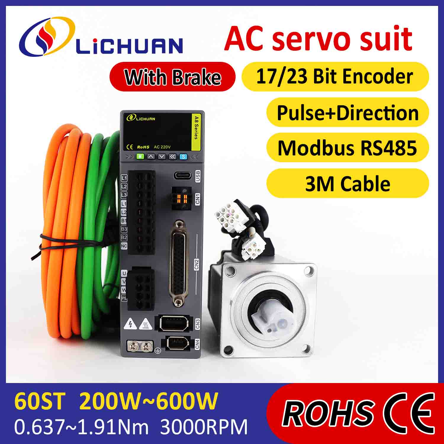 Lichuan AC 서보 모터 드라이버 키트 A8 고정밀 STO ABZ 200W 0.637N.m 220V 1.6A 3000RPM IP65