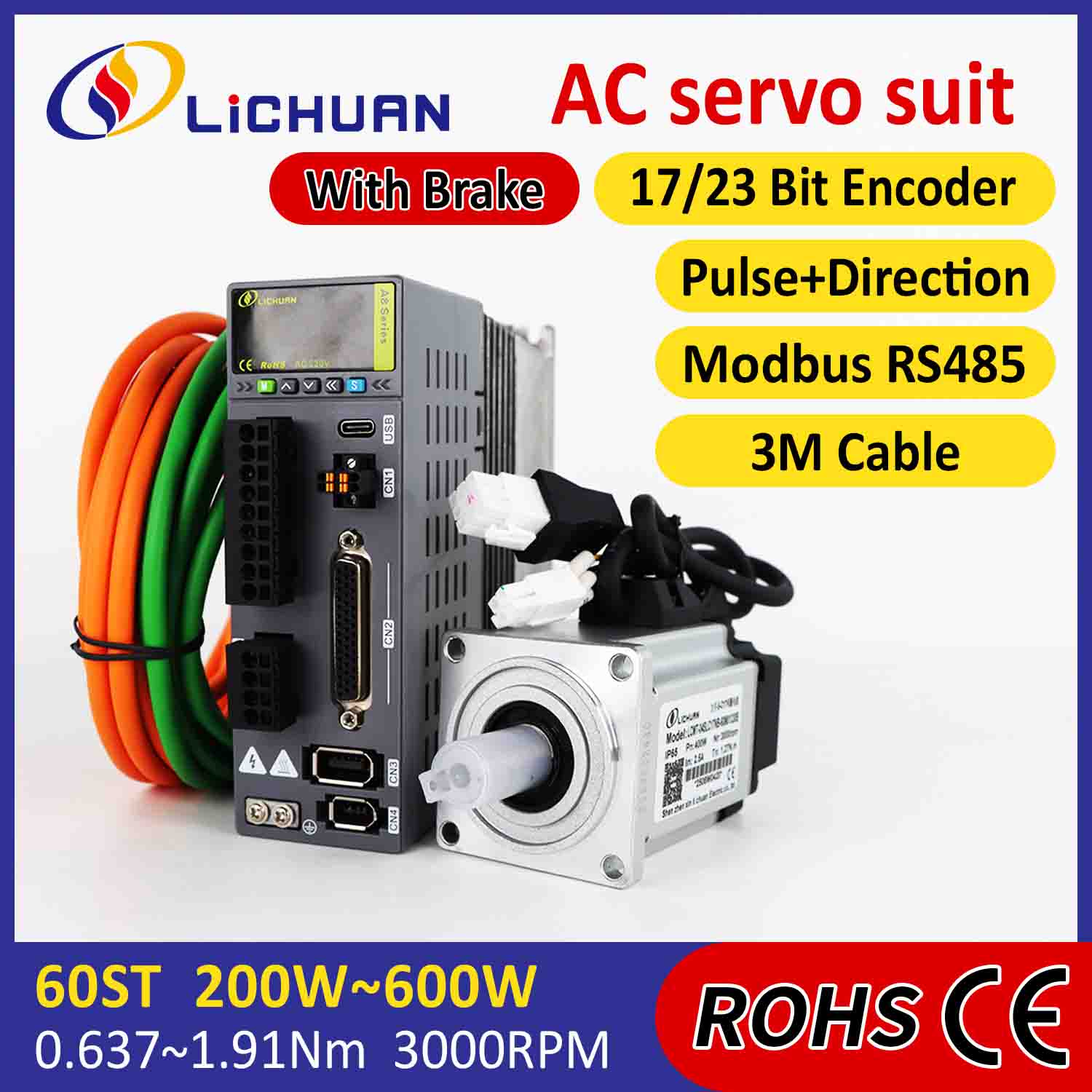 Lichuan AC 서보 모터 드라이버 키트 A8 고정밀 STO ABZ 400W 1.27N.m 220V 2.5A 3000RPM IP65