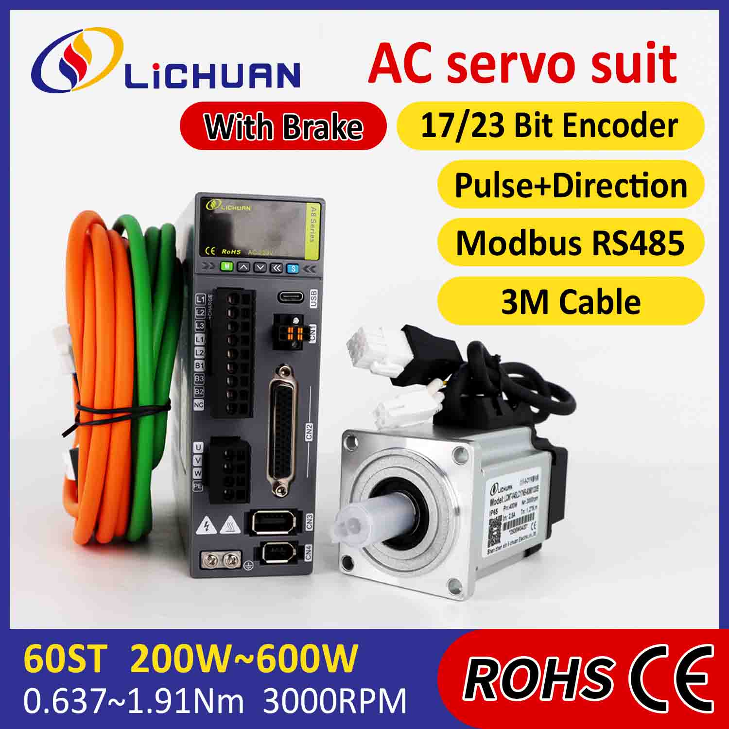 Lichuan AC 서보 모터 드라이버 키트 A8 고정밀 STO ABZ 600W 1.91N.m 220V 3.3A 3000RPM IP65