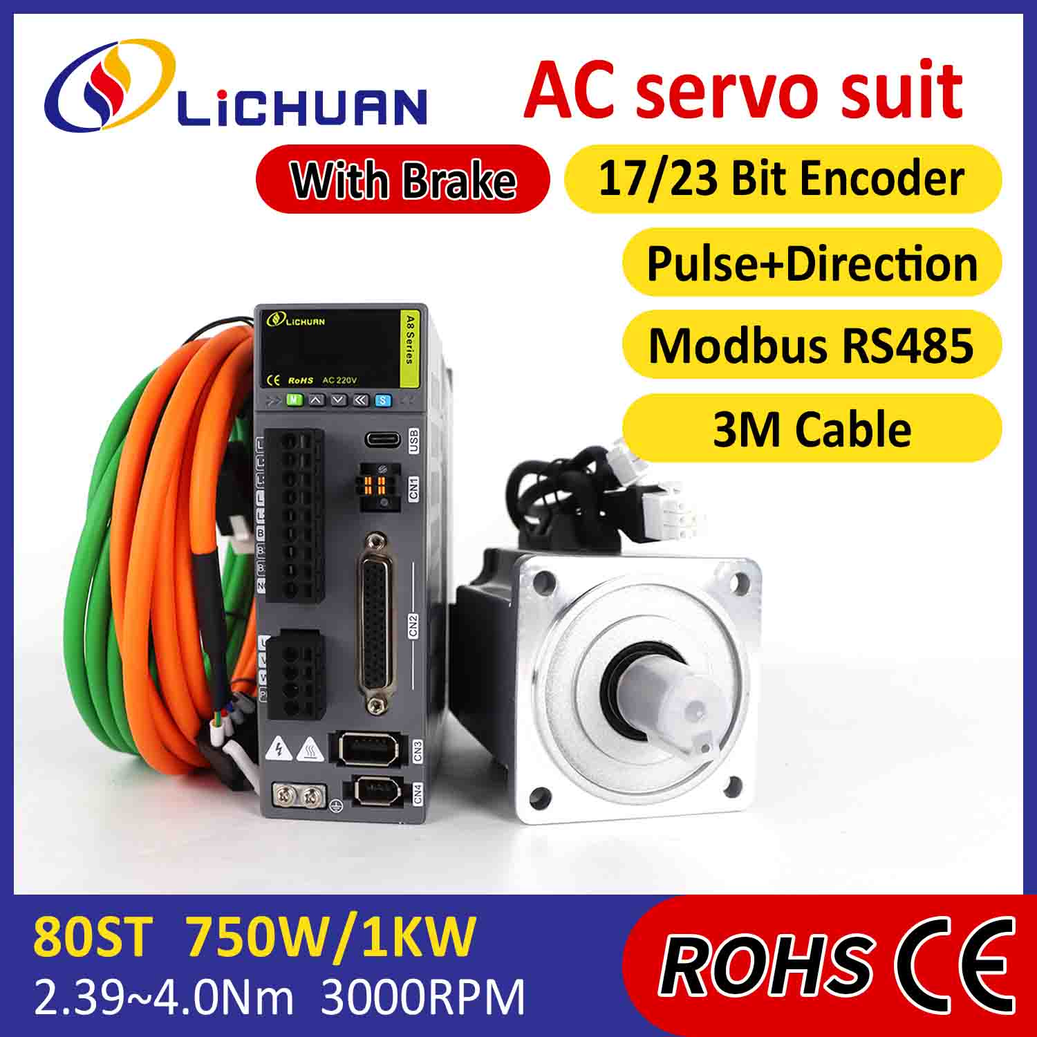 Lichuan AC 서보 모터 드라이버 키트 A8 고정밀 STO ABZ 750W 0.75KW 2.39N.m 220V 4.5A 2500/3000RPM IP65