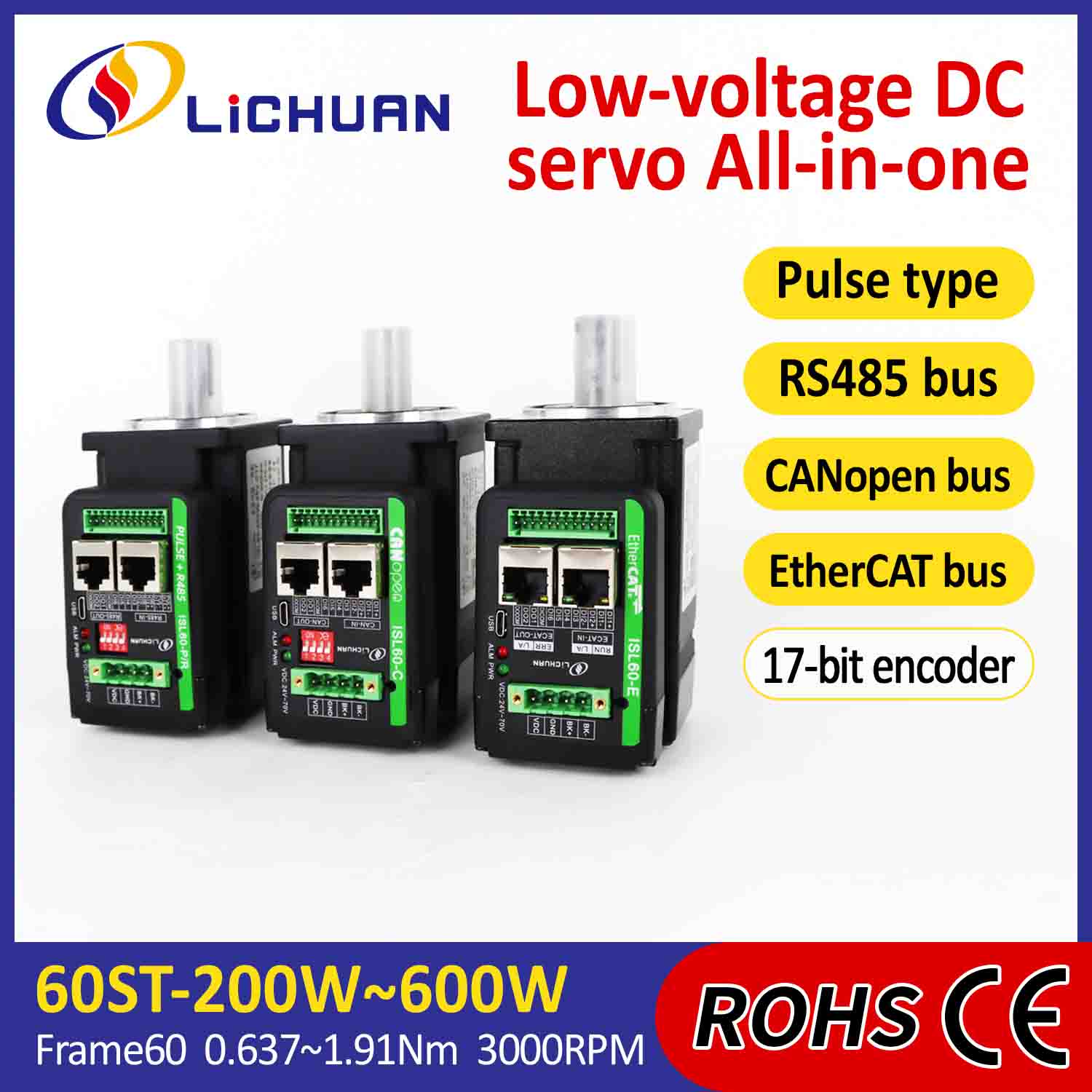 Lichuan 통합 서보 모터 드라이버 L자형 400W 1.27N.m DC24/48V 6.0/10/12/15A 3000RPM IP65