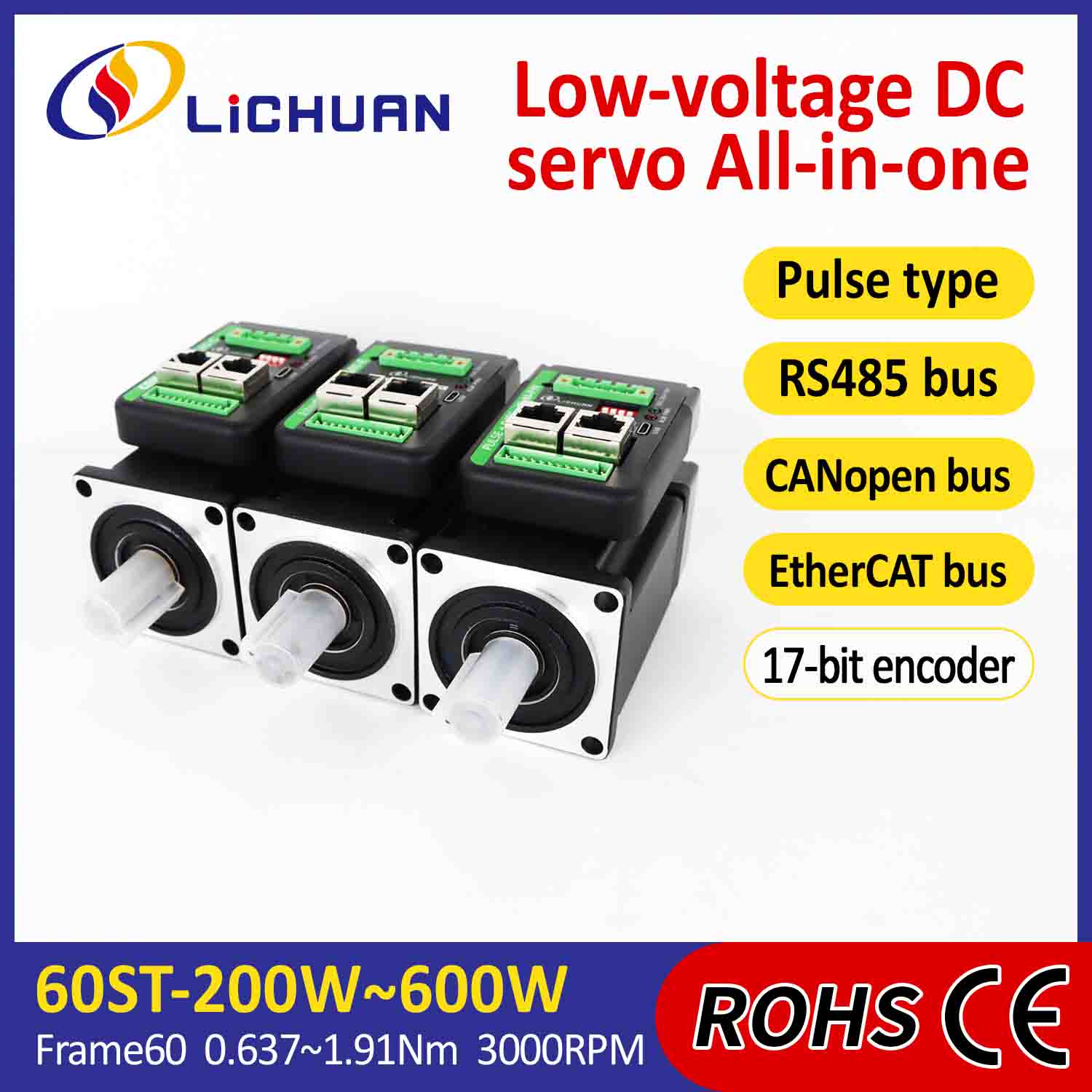 Lichuan 통합 서보 모터 드라이버 L자형 600W 1.91N.m DC24/48V 6.0/10/12/15A 3000RPM IP65