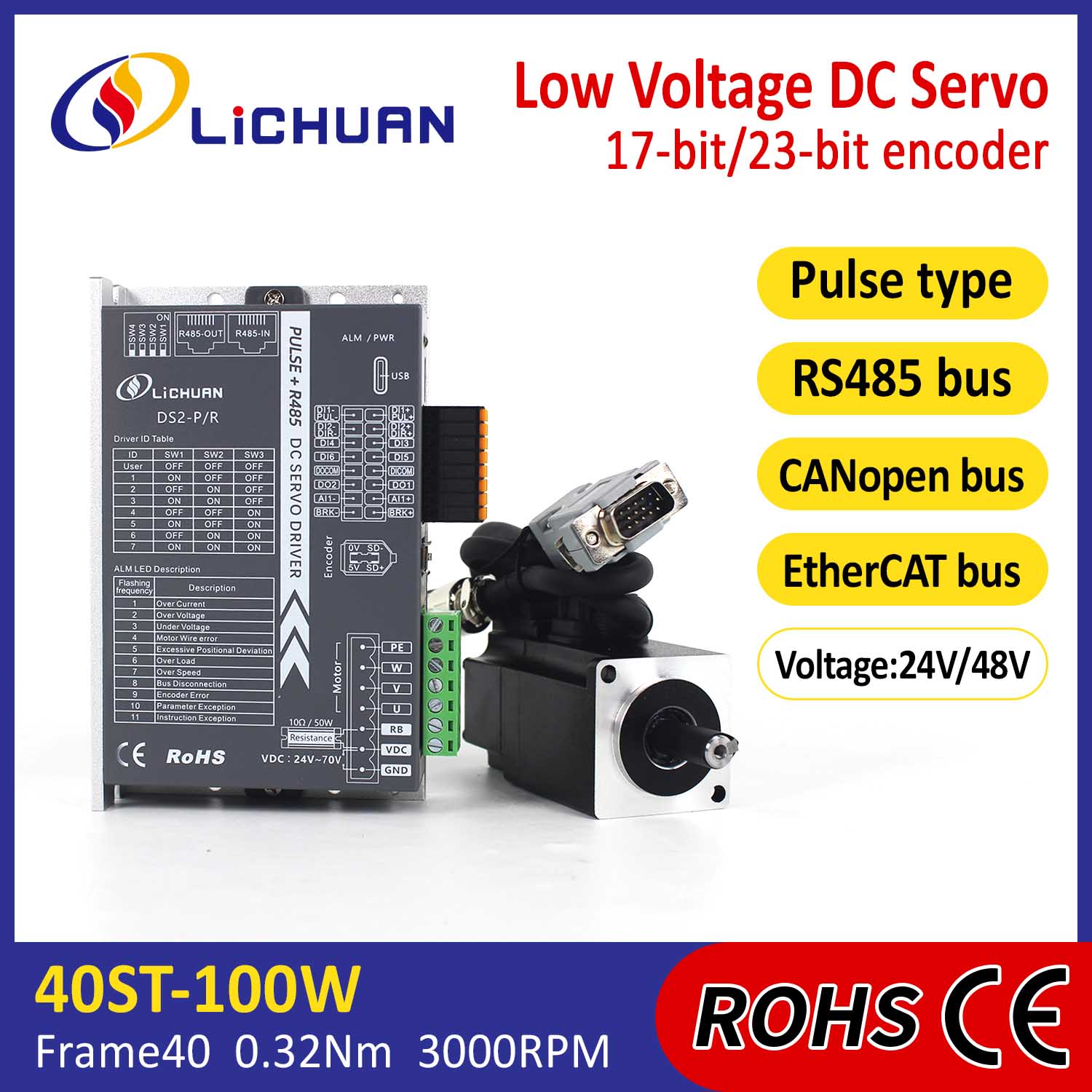 Pulse/RS485/CANopen/EtherCAT 40 플랜지형 100W 저전압 DC 서보 모터 드라이버 키트