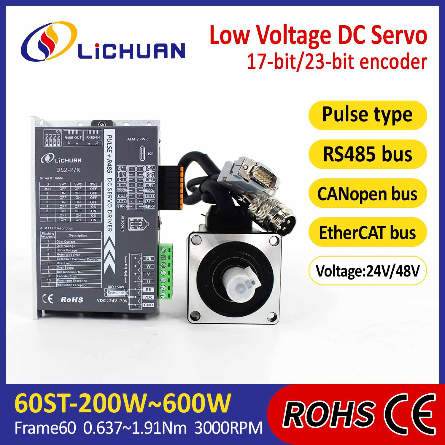 Pulse/RS485/CANopen/EtherCAT 60 플랜지형 200W/400W/600W 저전압 DC 서보 모터 드라이버 키트